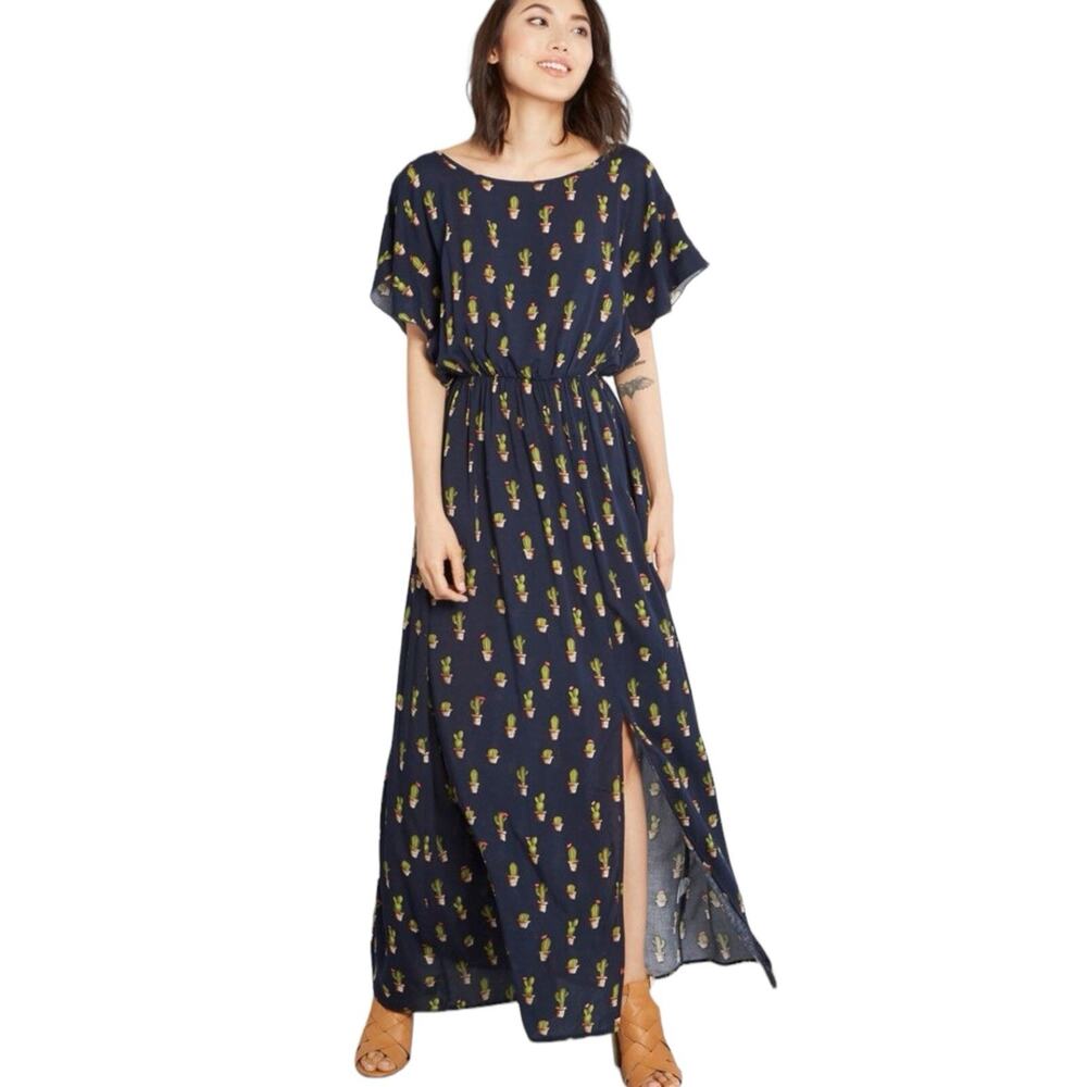 ModCloth 4XL Navy Cactus Print Maxi Dress Plus Size Flutter Sleeve NWT